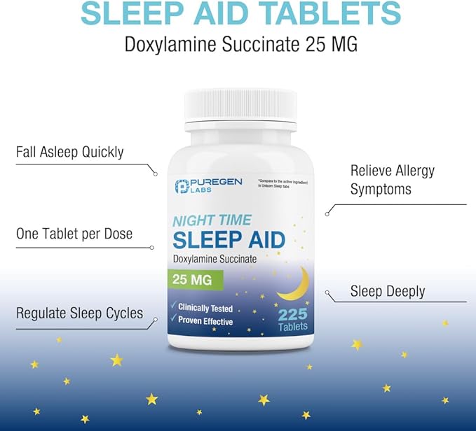 Puregen Labs Doxylamine Succinate 25mg | Nighttime Sleep Aid | Safe & Effective | Non-Habit Forming Sleep Aid | Made in USA | 225 Tablets