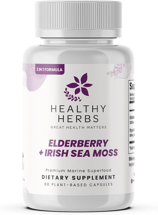 Wildcrafted Elderberry Sea Moss Capsules | 2600mg Irish Sea Moss + Elderberry Essentials Blend | US-Made, Vegan, Non-GMO, Easy-Swallow (60 Capsules)