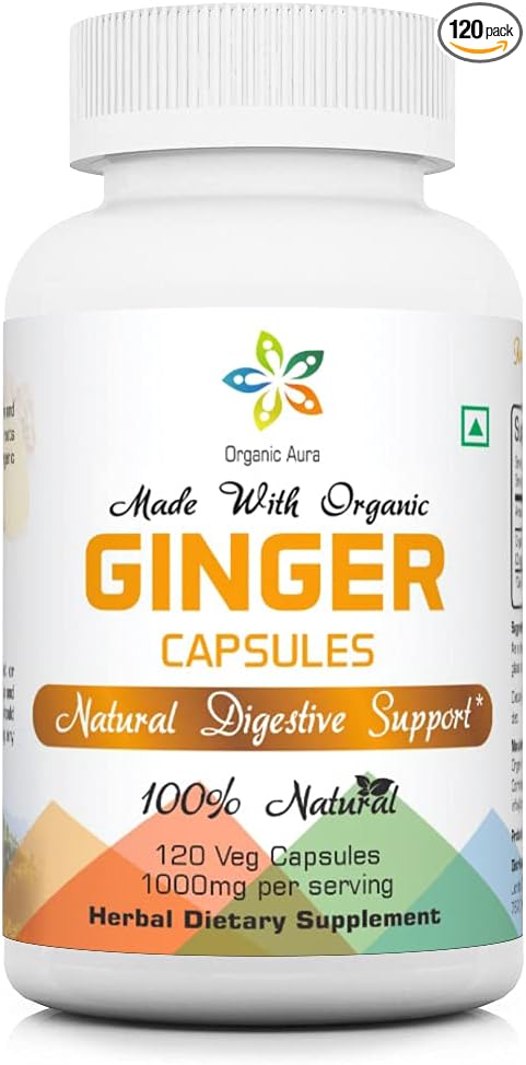 Organic Aura Ginger Capsules - 120 Veg Capsules. 2 Month Supply. Naturally Boosts Digestion, Relief Stomach Upset and Improves Immunity. No GMO and Gluten Free.