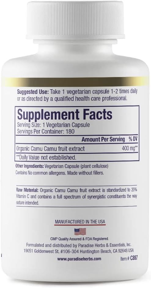 Paradise Herbs, Organic Camu Camu Extract, 400 mg, Rich in Vitamin C, Pure & Potent, Gluten Free, Non-GMO, Vegan, 180 Vegetarian Capsules