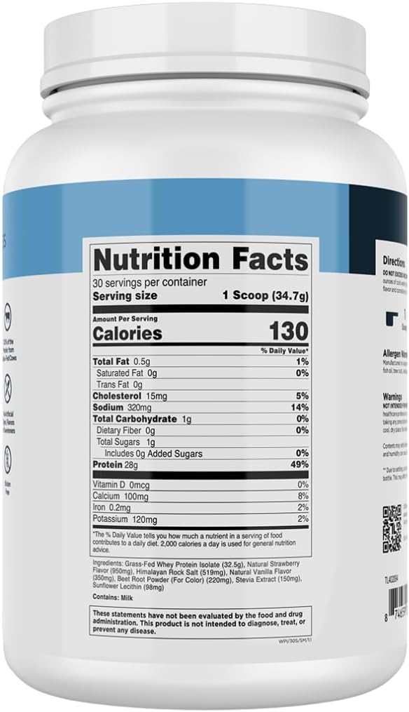 Transparent Labs Grass-Fed Whey Protein Isolate - Natural Flavor, Gluten Free Whey Protein Powder w/ 28g of Protein per Serving & 9 Essential Amino Acids - 30 Servings, Strawberry Milkshake