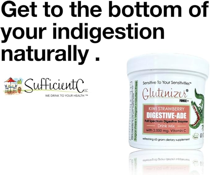 Sufficient C - Glutenizer Force Plus Kiwi-Strawberry Digestive-Ade Drink Mix - Naturally Effective, Premium, Full Spectrum Enzyme Blend with 2,000 mg. Vitamin C - Acid Reflux, Indigestion Solution