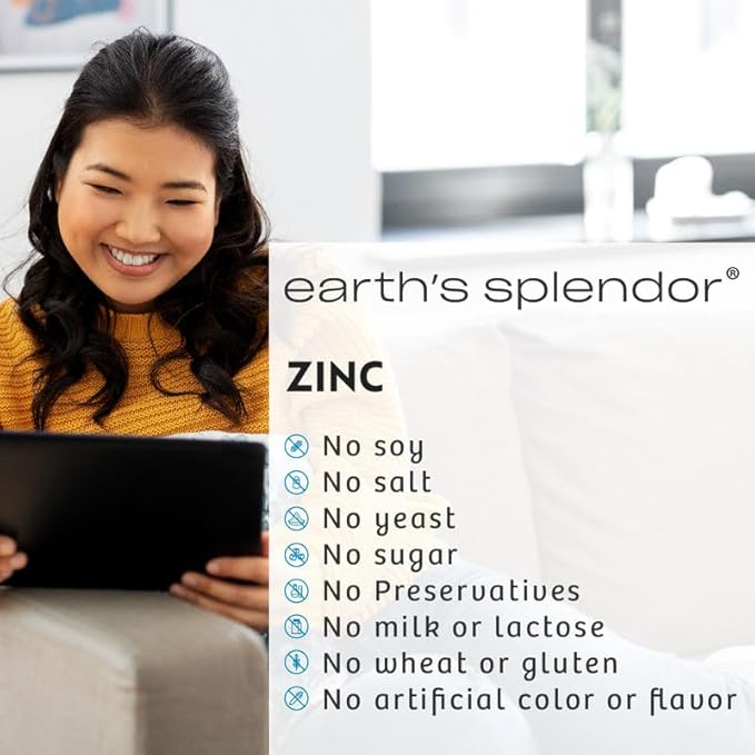 Earth's Splendor Immune Support Supplements, with Zinc 50mg, Helps Maintain Skin Health, Wheat Free, No Artificial Color or Flavor, Mineral Supplements for Men & Women (100 Tablets)