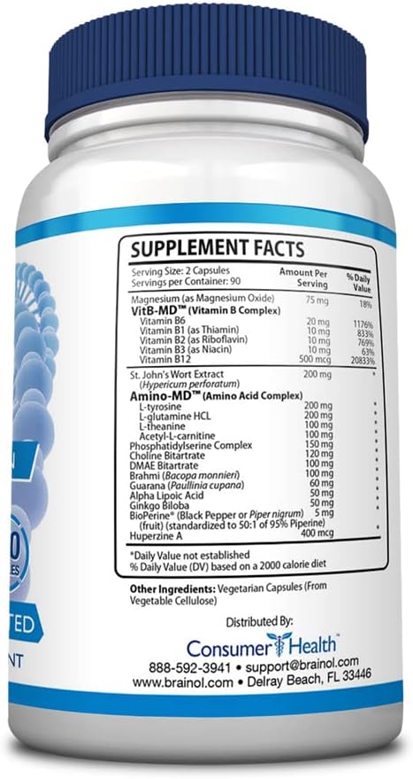 Brainol - The Smartest Choice For A Brain Boosting Nootropic - Enhance Mental Performance, Focus and Clarity - With DMAE, Huperzine A, BioPerine - Vegan-Friendly - 360 Capsules - 6 Month Supply