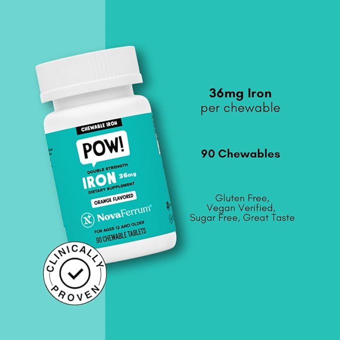 NovaFerrum Pow | Chewable Iron Supplement for Adults | Anemia | 36mg of Iron | 90 Servings | Sugar Free | Vegan