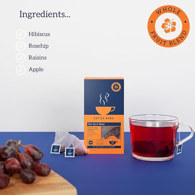 HOTTEA MAMA | Get Up & Glow | Organic Hibiscus Fruit Blend | Caffeine-Free | Antioxidant, Vitamin C | 14 Whole Leaf Biodegradable Tea Bags