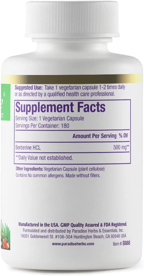 Paradise Herbs, Berberine Extract, 500 mg, Pure & Potent Berberine Supplement, Vegan, Non-GMO, Gluten Free, 180 Vegetarian Capsules