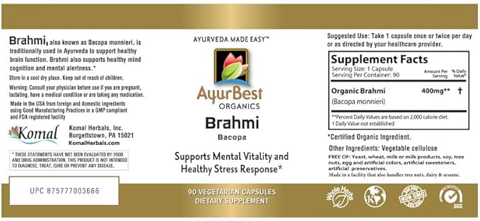 Brahmi Bacopa Herbal Supplements 400mg Capsules, USDA Organic, Kosher - 90 Count