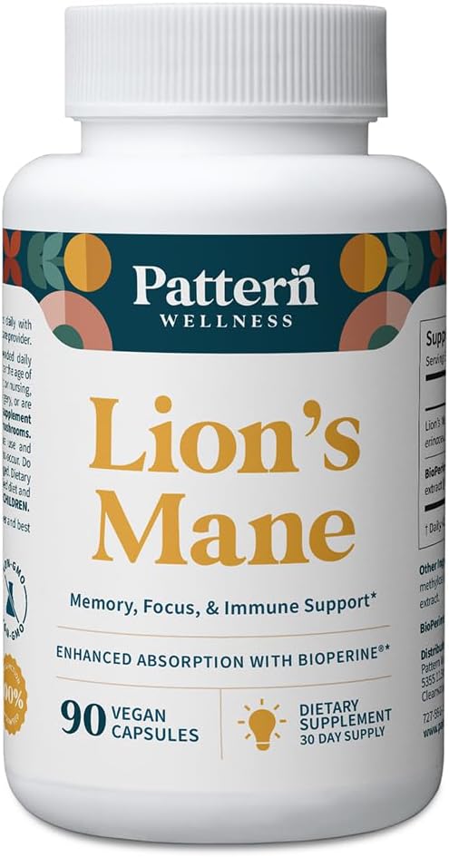 Pattern Wellness Lion’s Mane Mushroom – Supplement Capsules for Cognitive & Focus Support – Enhanced Absorption – 90 Vegan Capsules