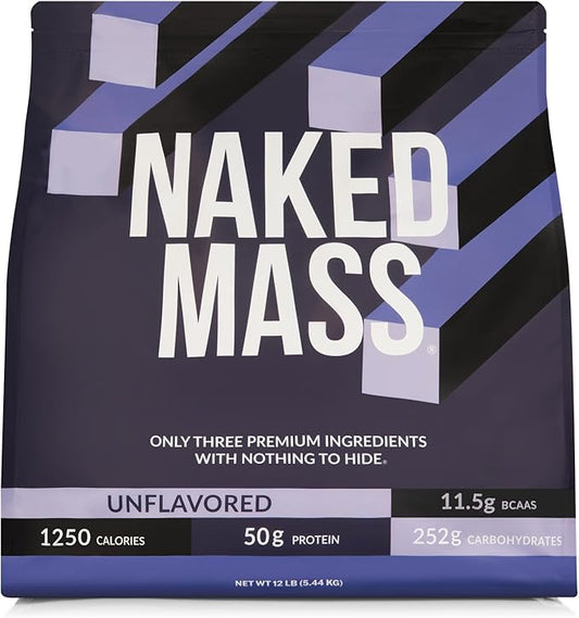 NAKED Mass - Natural Weight Gainer Protein Powder - 12LB Bulk, GMO Free, Gluten Free & Soy Free. No Artificial Ingredients - 1,250 Calories per Serving