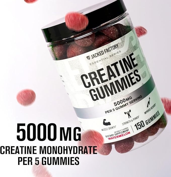 Jacked Factory Creatine Monohydrate Gummies 5g Daily Dose (1g per Gummy) - Creatine Gummy for Men and Women, Vegan-Friendly, Travel-Friendly, Third-Party Tested - 150 Gummies, Watermelon