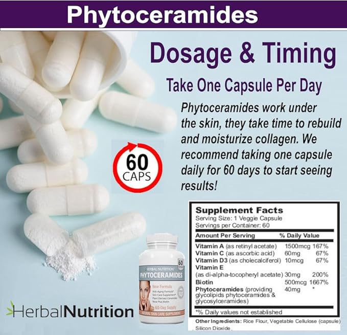 Phytoceramides Rice Based with Biotin Anti Aging Supplement, Wrinkle Remover and Facial Moisturizing with Phytoceramides Vitamin A, C, D and E, Two Bottle Pack, 120 Capsules 40mg, Gluten Free