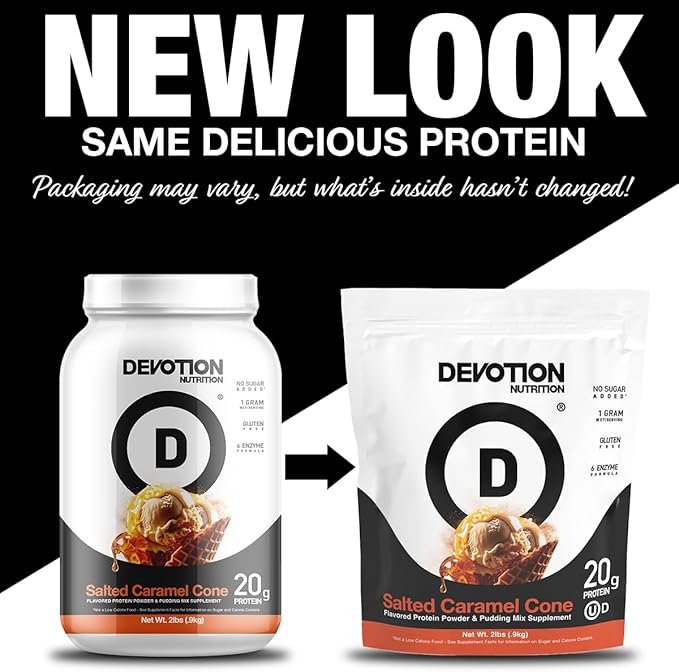 Devotion Nutrition Protein Powder Blend | Gluten Free, Keto Friendly, No Added Sugars | 1g MCT | 20g Whey & Micellar Protein | 2lb Tub (Salted Caramel Cone)