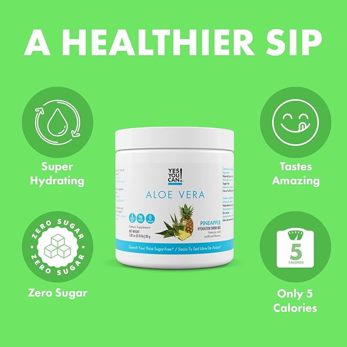 Yes You Can! Organic Aloe Vera Powder Drink Mix - Hydration Booster Infused with Pure Aloe Juice - Delicious Flavors - Made in USA - Antioxidant Rich - Pineapple Flavor - 40 Servings
