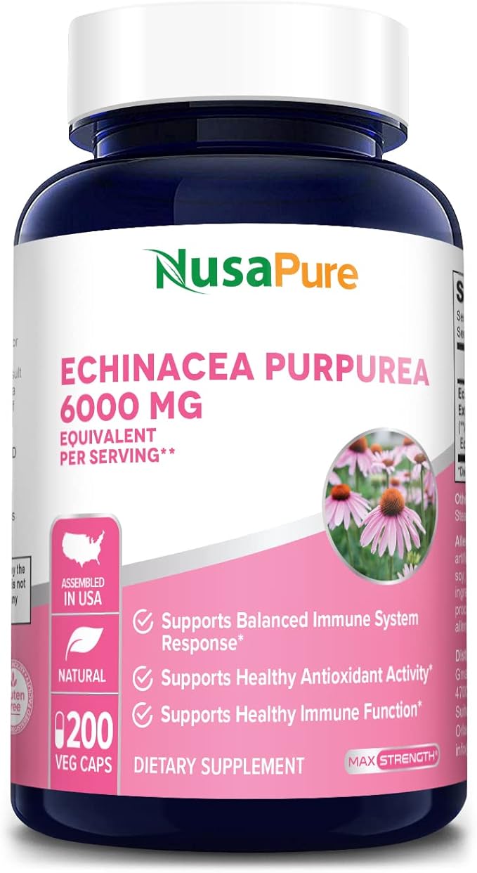 NusaPure Echinacea 20:1 Extract, 300 mg Equivalent to 6,000mg 200 Veggie Caps, Vegan, Non-GMO, Gluten Free Supplement
