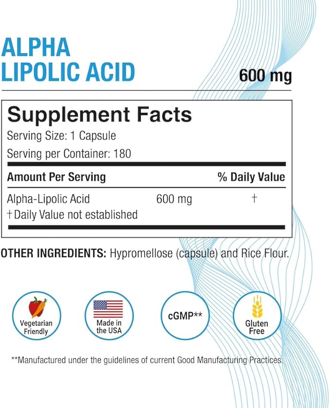 Puregen Labs Alpha Lipoic Acid 600mg [High Potency] 180 Servings - Antioxidant Support | No Harmful Additives | Non-GMO, NO Gluten and Dairy, 600 mg per Veggie Capsule - Made in USA