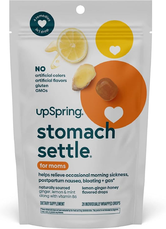 UpSpring Stomach Settle for Moms Drops for Occasional Morning Sickness with Ginger, Lemon, Spearmint, and B6. Individually Wrapped Drops, 28 Ct(Packaging May Vary)