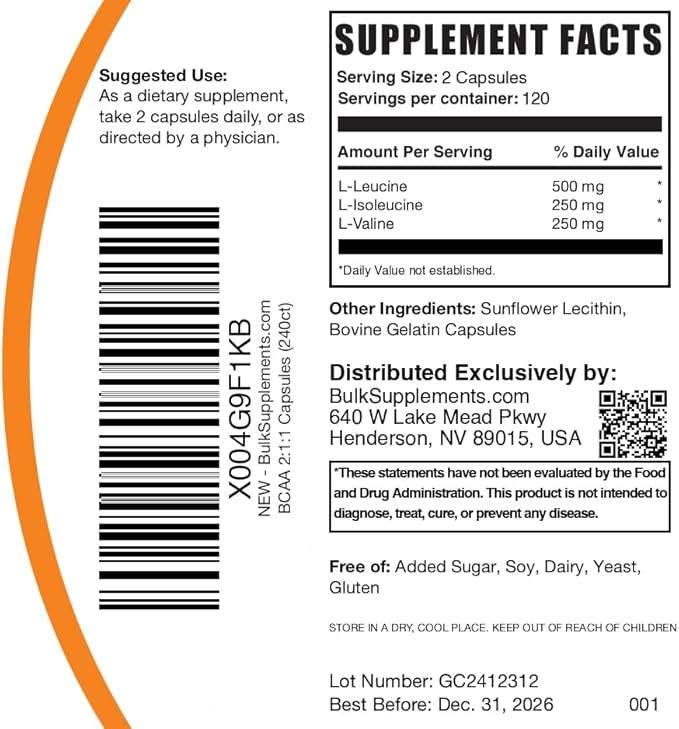 BulkSupplements.com BCAA 2:1:1 Capsules - Branched Chain Amino Acids, BCAA Supplements, BCAA Capsules, BCAA Pills - Gluten Free, 240 Capsules (Pack of 1)