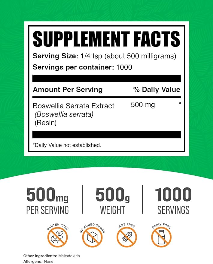 BulkSupplements.com Boswellia Serrata Extract Powder - Boswellia Supplement, from Frankincense Resin - Vegan & Gluten Free, 500mg per Serving, 500g (1.1 lbs) (Pack of 1)