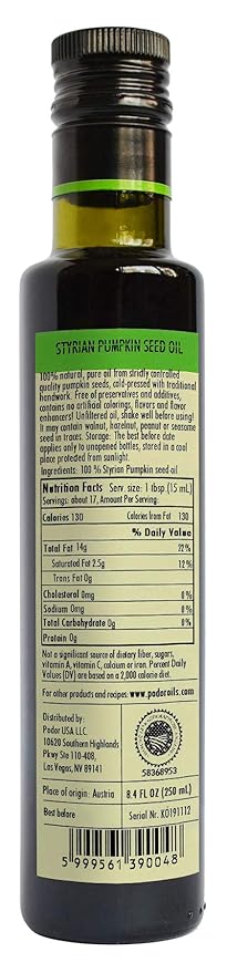 PÖDÖR Premium Styrian Pumpkin Seed Oil - 8.4 fl. Oz. - Cold-Pressed, 100% Natural, Unrefined and Unfiltered, Vegan, Gluten-Free, Non-GMO in Glass Bottle