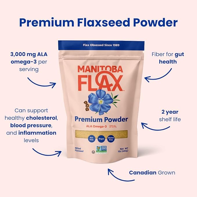 Premium Flaxseed Powder (NEW LOOK!) | Manitoba Flax by Manitoba Milling Co.| 1 lb. bag | 3000 mg Omega-3, Fiber, Plant Protein | Vegan, Non-GMO, Gluten Free | Use in smoothies, oatmeal, yogurt, baked goods, dressings and sauces, and more