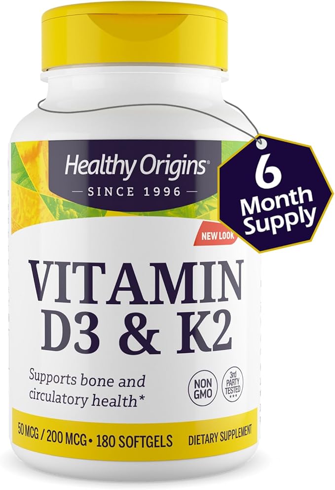 Healthy Origins Vitamin D3 2,000 IU (50 mcg) & K2 200 mcg (Non-GMO, 3rd Party Tested, Bone Support, Cardiovacsular Support), 180 Softgels