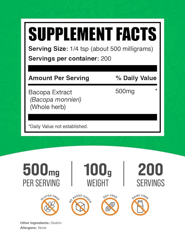 BulkSupplements.com Bacopa Extract Powder - Bacopa Monnieri Supplement, Herbal Supplement - Vegan & Gluten Free, 500mg per Serving, 100g (3.5 oz) (Pack of 1)