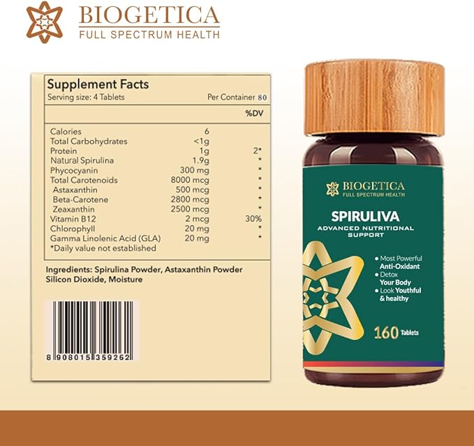 Organic Spiruliva Pills with Astaxanthin - Non-GMO, Rich in Vegan Protein, Vitamins & Prebiotics - 100% Vegan Ayurveda Supplement - 160 Tablets