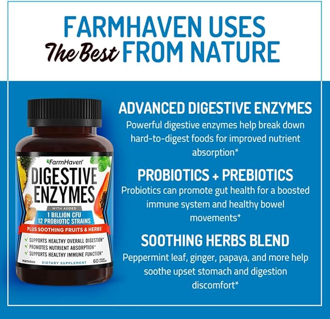 FarmHaven Digestive Enzymes with 18 Probiotics & Herbs | Papaya, Bromelain, Protease & More for Lactose Absorption & Better Digestion | Helps Bloating, Gas, Constipation | Vegetarian, 60 Capsules