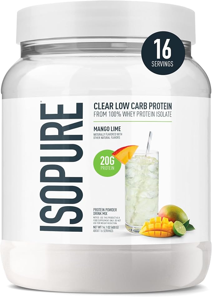Isopure Clear Whey Isolate Protein Powder, Lactose Free, Gluten Free, Naturally Flavored, Mango Lime, 20g Protein Per Serving, 14.1 Oz, 16 Servings (Packaging May Vary)