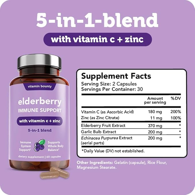 Vitamin Bounty Elderberry Organic Elderberry Capsules for Adults - Vitamin C and Zinc Supplement, & Echinacea, Immune System Support, Advanced 5-in-1 Blend, Non-GMO - 60 Capsules