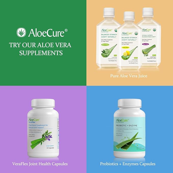 AloeCure USDA Organic Aloe Vera Juice Grape Flavor, Made Within 12 Hours of Harvest - Pure Aloe Vera Digestive & Immune Health Supplement, Helps Maintain Balanced Stomach Acidity, 16.7oz x 18 Btls