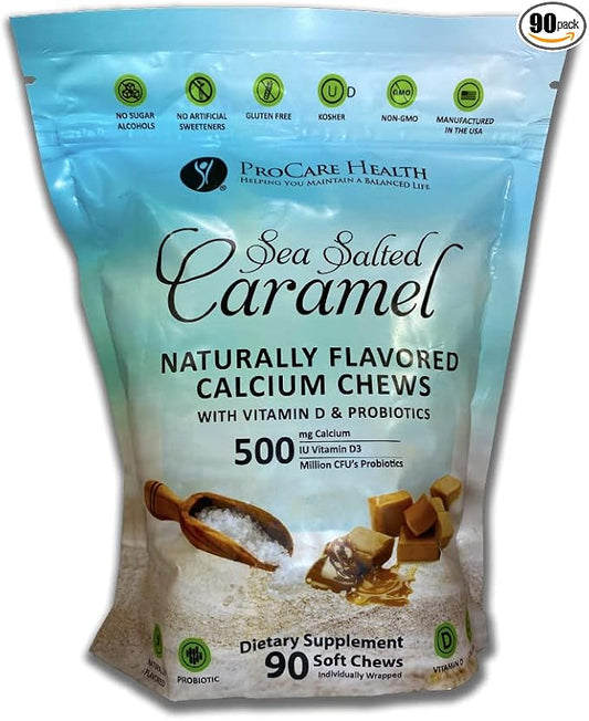 ProCare Health | TruCal Calcium Soft Chew | Sea Salted Caramel | 500mg Calcium | 500 IU Vitamin D3 | 500 Million CFU's Probiotic | 90 Count