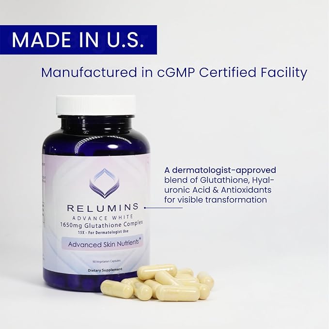 Relumins 1650mg L-Glutathione Complex with Hyaluronic Acid, Alpha Lipoic Acid, Rose HIPS, Vitamin E & Riboflavin – Antioxidant Support, Skin Hydration & Wellness – 90 Veggie Capsules x 5 Bottles