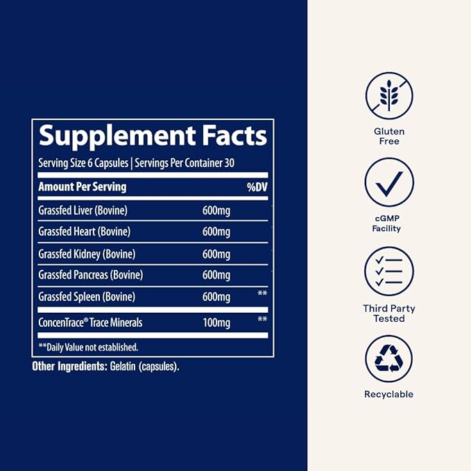 Trace Minerals Beef Organ, 600mg - Bone & Energy Health Support Supplement - Nutritional Supplement Aids Healthy Organs - Healthy Hearth & Immunity Support with Minerals - 180 Capsules (30 Servings)