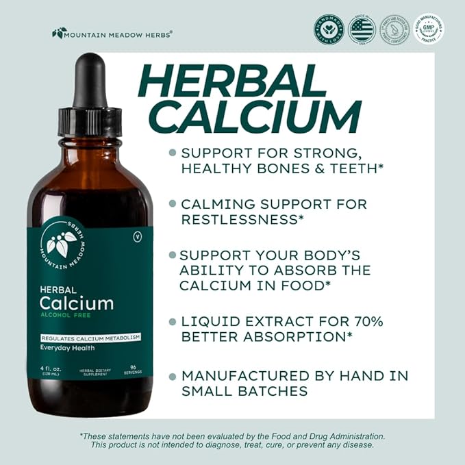 Mountain Meadow Herbs Herbal Calcium – Vegan Liquid Calcium Supplement for Bone & Teeth Support, High Absorption Plant-Based Formula for Adults & Kids - 4 oz