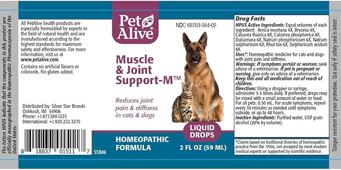PetAlive Muscle and Joint Support-M - Natural Homeopathic Formula for Joint Pain and Stiffness in Pets - Supports Joint Health and Movement in Dogs and Cats - 59 mL