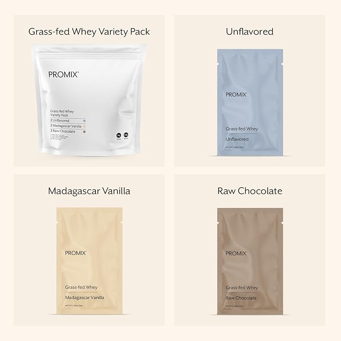 Promix Whey Protein Powder, Variety Pack (Unflavored, Vanilla, & Chocolate Flavors) Grass-Fed & 100% All Natural - ­Post Workout Fitness & Nutrition Shakes, Smoothies, Baking & Cooking Recipes