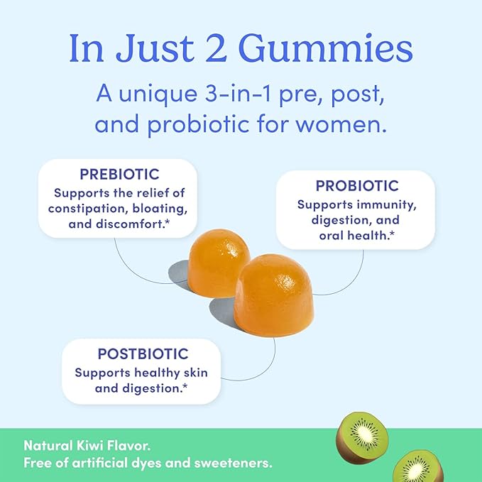 FIRST DAY Women’s Good Gut Tribiotic Gummies – 3-in-1 Prebiotic, Probiotic & Postbiotic Supplement – Supports Immune Function and Digestive, Oral, Skin & Vaginal Health – 60-Day Supply