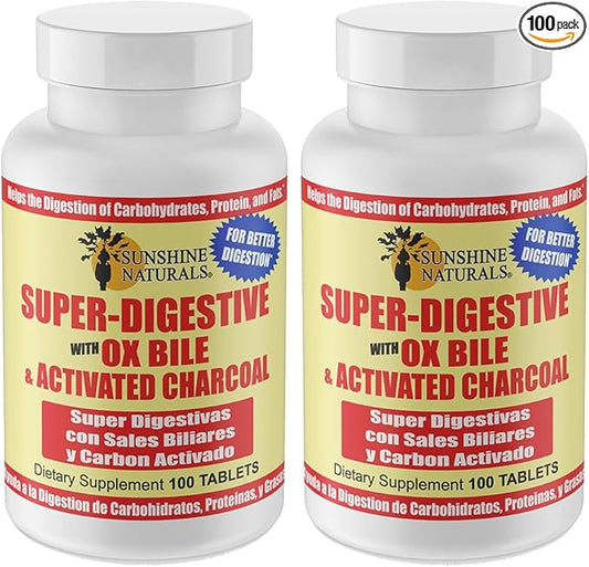 Super Digestive Supplement. Ox Bile & Activated Charcoal for Digestive Support, Bloating Relief, Gut Cleanse, Nutrient Absorption, and Overall Wellness. 100 Tablets. Pack of 2