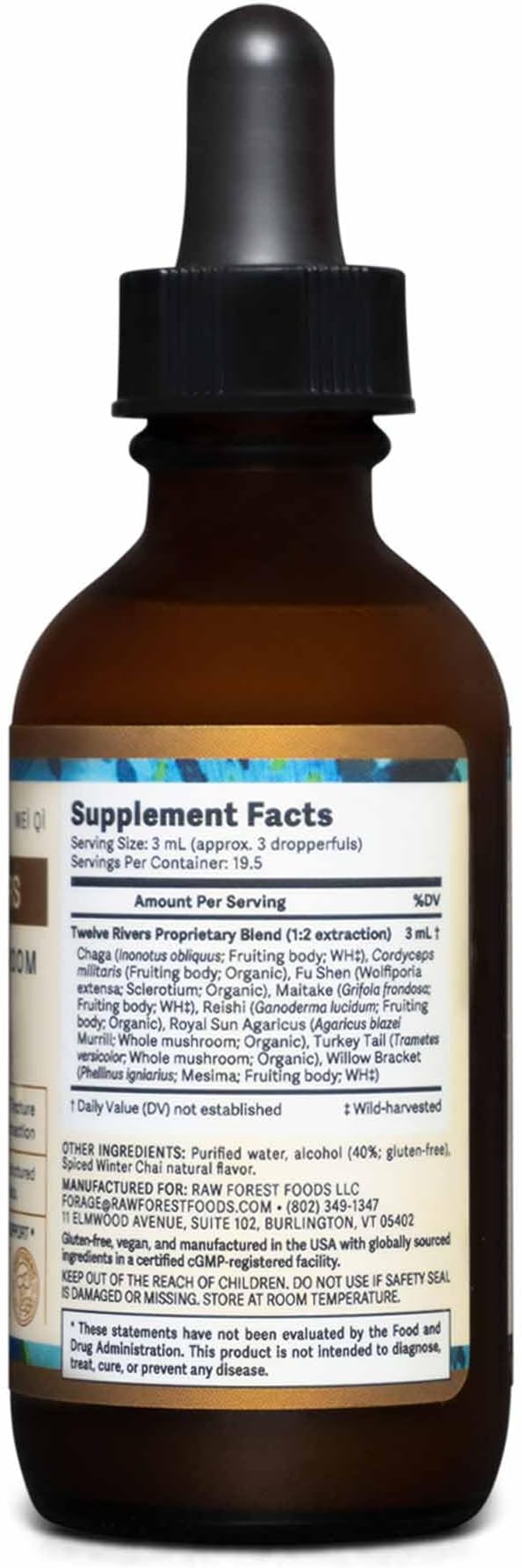 Twelve Rivers Functional Mushroom MycoMedic Elixir Tincture – 1:2 True Dual-Stage Extraction – Spiced Winter Chai – 2 Fluid Ounce Bottle