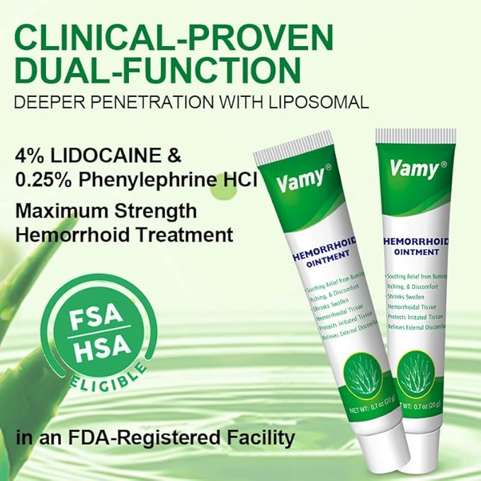 vamy Herbal Hemorrhoid Cream, Hemorrhoid Treatment and Hemorrhoids Cream with Lidocaine 4% and Phenylephrine HCI for Fast Relief of Pain, Swelling, Itching, Burning, Hemorrhoidal Treatment. 2 pc