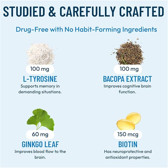 Brain Supplement for Memory, Focus, Mood & Concentration | Ginko Leaf Flavonoids, Bacopa Monnieri & Biotin | Improve Mental Performance, Attention & Cognitive Health (Pack of 3)