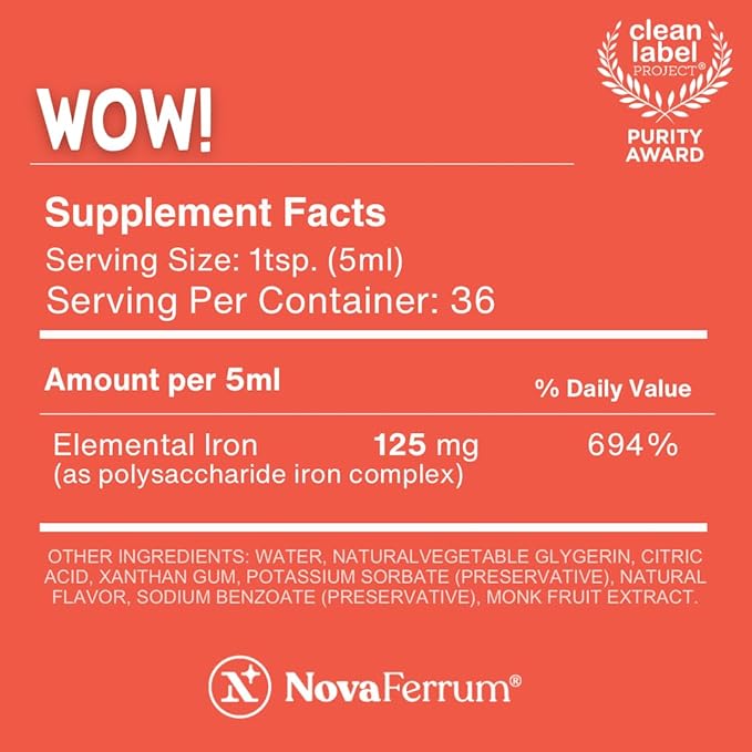 NovaFerrum Wow, 125 High Potency Liquid Iron Supplement for Adults, Iron Deficiency, 125mg of Iron Per 5mL Dose, Vegan Verified, Gluten Free Certified, Sugar Free