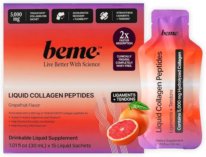 BeMe Liquid Collagen Peptides for Athletes - 5,000mg TENDOFORTE for Ligament & Tendon Strength - 2X Faster Absorption - Clinically Proven for Injury Prevention & Faster Recovery - Delicious Grapefuit