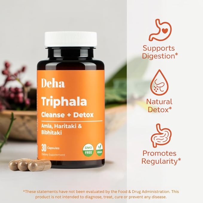 Triphala Capsules Immune Support & Digestive Health with Amla, Haritaki & Bibhitaki – Gut Cleanse, Detox, Bloating Relief – GMP Certified, Non-GMO, Vegan – 30 Count