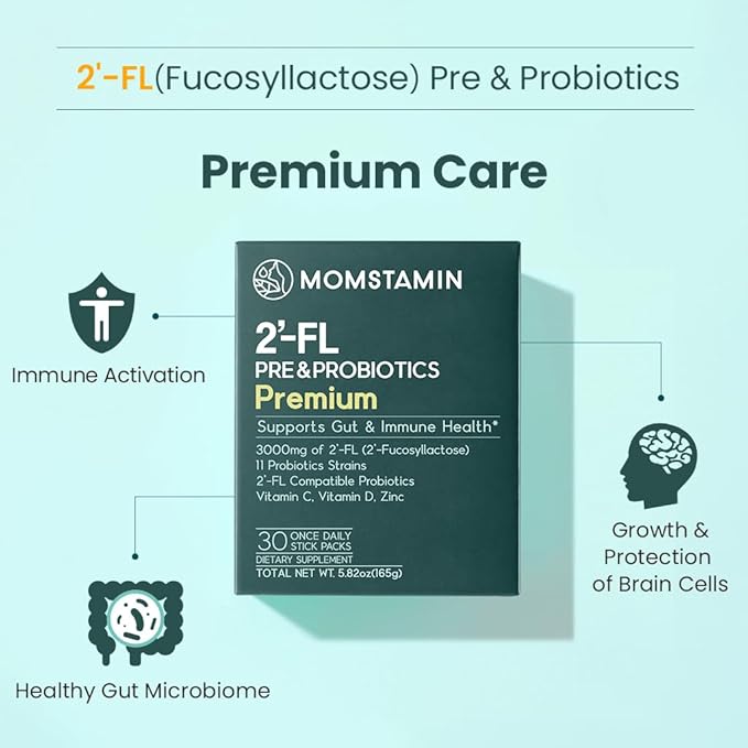 MOMSTAMIN Premium 3,000mg Human Milk Oligosaccharide (HMO 2'-FL) Prebiotic Probiotic Powder Supplement for Immunity Digestion Metabolism Gut Health, Clinically Researched (30 Sticks, 1 Month)