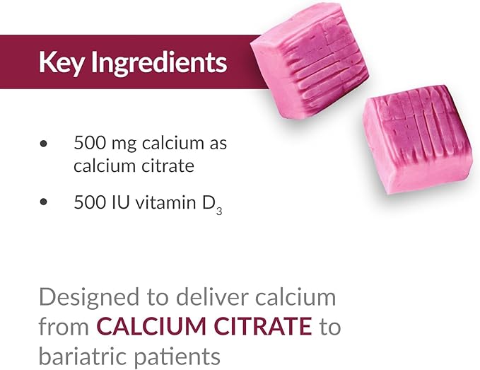 Bariatric Advantage Calcium Citrate Chewy Bites 500 mg - Highly Absorbable & Digestible - Vitamin D3 - Easily Chewable Calcium Supplement - Raspberry Flavor - 90 Count