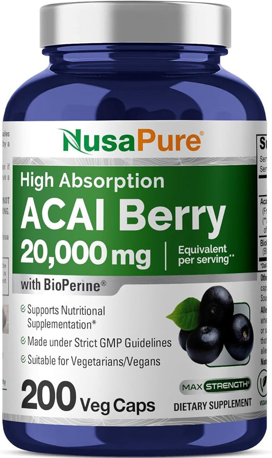 NusaPure Acai Berry Capsules 20000mg | 200 Veggie Caps | Non-GMO, Extract 50:1, Bioperine