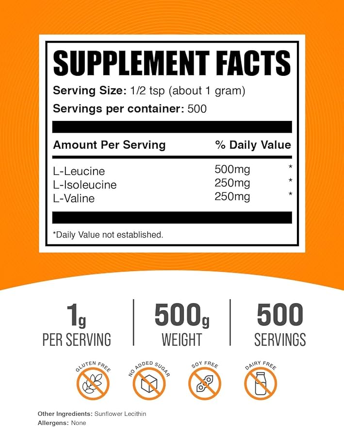 BulkSupplements.com BCAA 2:1:1 Powder - Branched Chain Amino Acids, BCAAs Amino Acids Powder - Unflavored & Gluten Free, 1g per Serving, 500g (1.1 lbs) (Pack of 1)